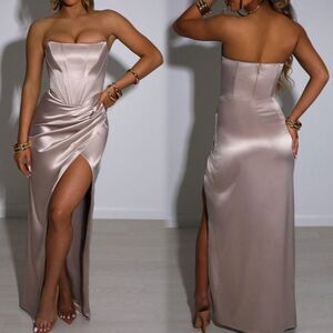 NWT Babyboo Women's XS Sianna Maxi Slit Dress Strapless Champagne